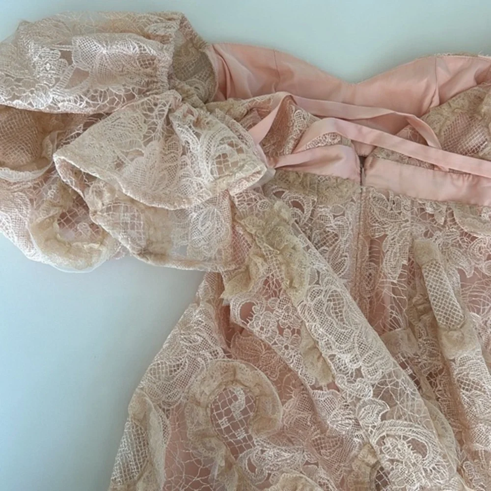 For Love & Lemons Meredith Embroidered Strappy Lace Puff Sleeve Mini Dress - Picture 13 of 15